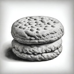 A high-definition pencil drawing of a biscuit, depicted in black and white