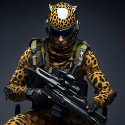 male in futuristic leopard-concept combat gear 