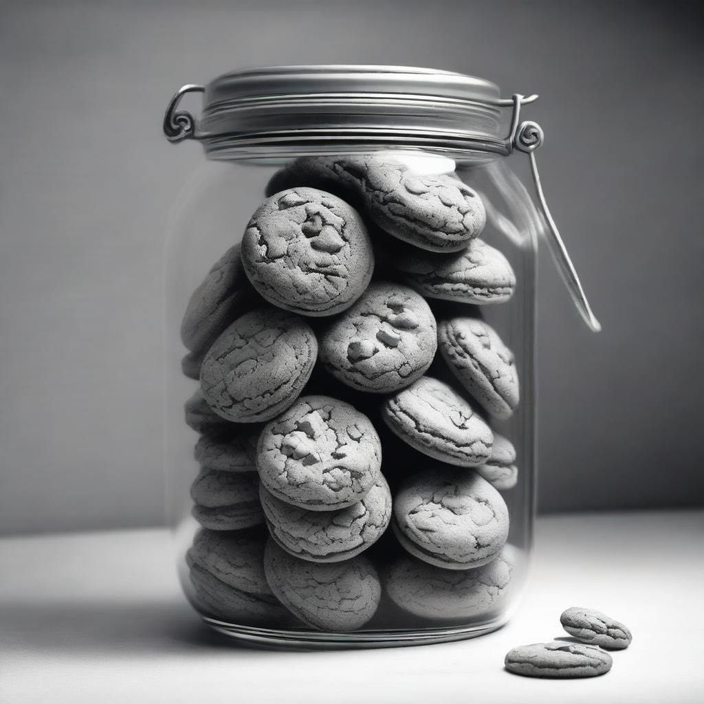 A high-definition pencil drawing of cookies in a jar, presented in black and white