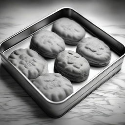 A high-definition pencil drawing of biscuits in a biscuit tin, portrayed in black and white