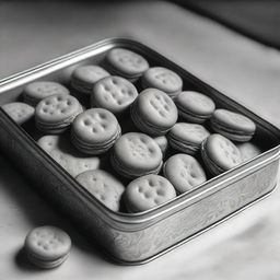 A high-definition pencil drawing of biscuits in a biscuit tin, portrayed in black and white