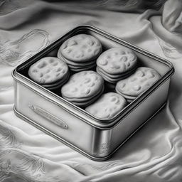 A high-definition pencil drawing of biscuits in a biscuit tin, portrayed in black and white