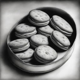 A high-definition pencil drawing of biscuits in a biscuit tin, portrayed in black and white