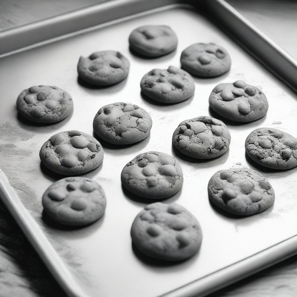 A high-definition pencil drawing of cookies on a baking tray, depicted in black and white