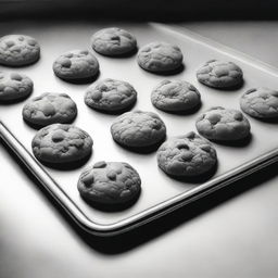 A high-definition pencil drawing of cookies on a baking tray, depicted in black and white