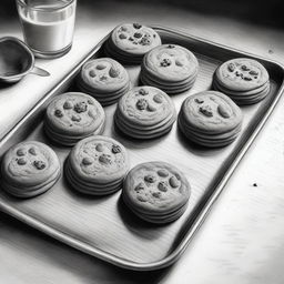 A high-definition pencil drawing of cookies on a baking tray, depicted in black and white