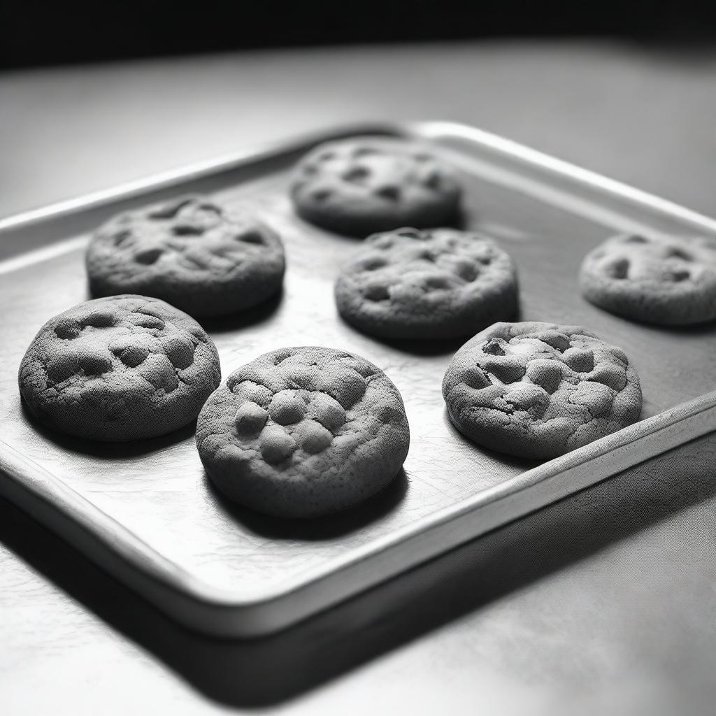 A high-definition pencil drawing of cookies on a baking tray, depicted in black and white