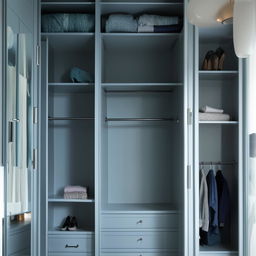 Recreate the wardrobe into a sea-blue color, complete with an L-shaped loft that signifies a perfect blend of style and utility.