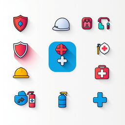 Innovative safety icons designed with a modern twist, featuring vibrant colors and unique shapes