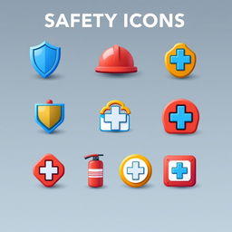 Innovative safety icons designed with a modern twist, featuring vibrant colors and unique shapes
