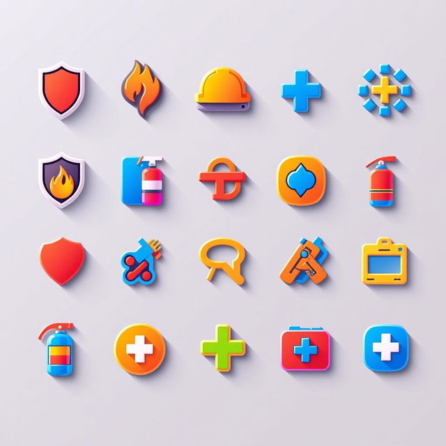 Innovative safety icons designed with a modern twist, featuring vibrant colors and unique shapes