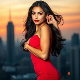 A young adult woman striking a confident pose, wearing a stylish, form-fitting red dress that accentuates her silhouette