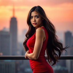 A young adult woman striking a confident pose, wearing a stylish, form-fitting red dress that accentuates her silhouette