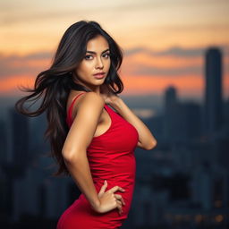 A young adult woman striking a confident pose, wearing a stylish, form-fitting red dress that accentuates her silhouette