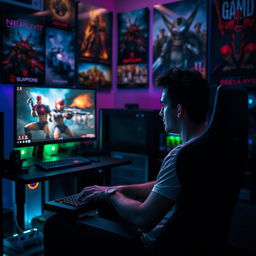 A characterless man deeply focused on gaming, sitting in a modern gaming chair in a dimly lit room decorated with posters of popular video games
