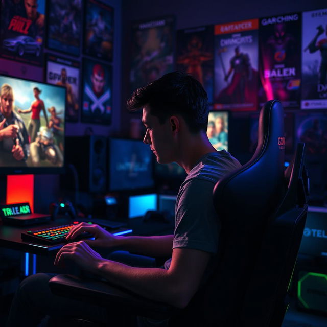 A characterless man deeply focused on gaming, sitting in a modern gaming chair in a dimly lit room decorated with posters of popular video games