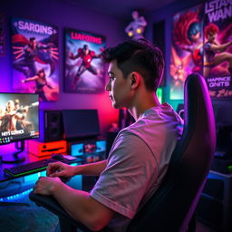 A characterless man deeply focused on gaming, sitting in a modern gaming chair in a dimly lit room decorated with posters of popular video games