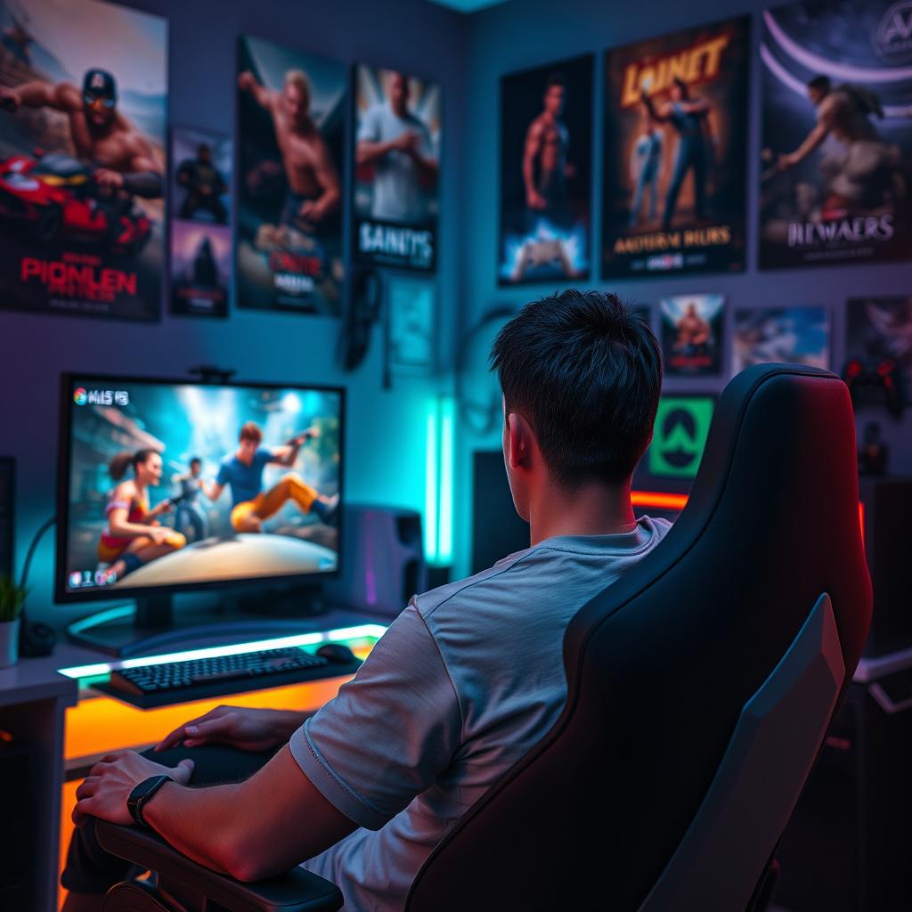 A characterless man deeply focused on gaming, sitting in a modern gaming chair in a dimly lit room decorated with posters of popular video games