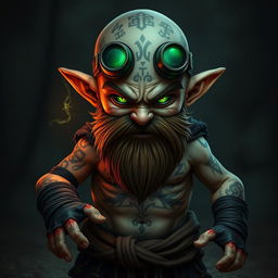 A small evil halfling monk, bald with intricate rune tattoos covering his head and torso, showcasing a fierce demeanor