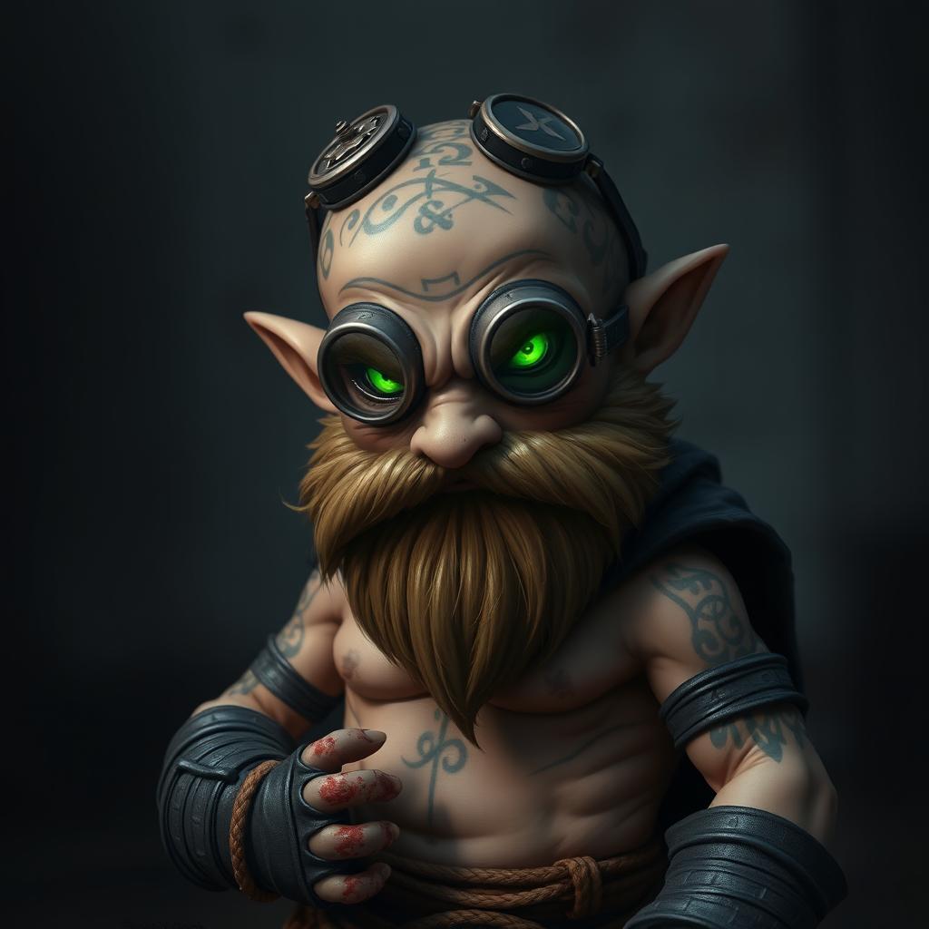 A small evil halfling monk, bald with intricate rune tattoos covering his head and torso, showcasing a fierce demeanor