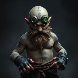 A small evil halfling monk, bald with intricate rune tattoos covering his head and torso, showcasing a fierce demeanor