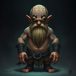 A small evil halfling monk, bald with intricate rune tattoos covering his head and torso, showcasing a fierce demeanor