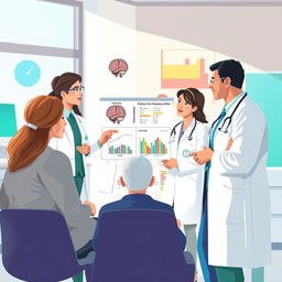A conceptual illustration depicting a diverse group of medical professionals discussing epilepsy treatment, featuring a male neurologist pointing to a chart that illustrates brain activity during a seizure