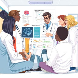 A conceptual illustration depicting a diverse group of medical professionals discussing epilepsy treatment, featuring a male neurologist pointing to a chart that illustrates brain activity during a seizure