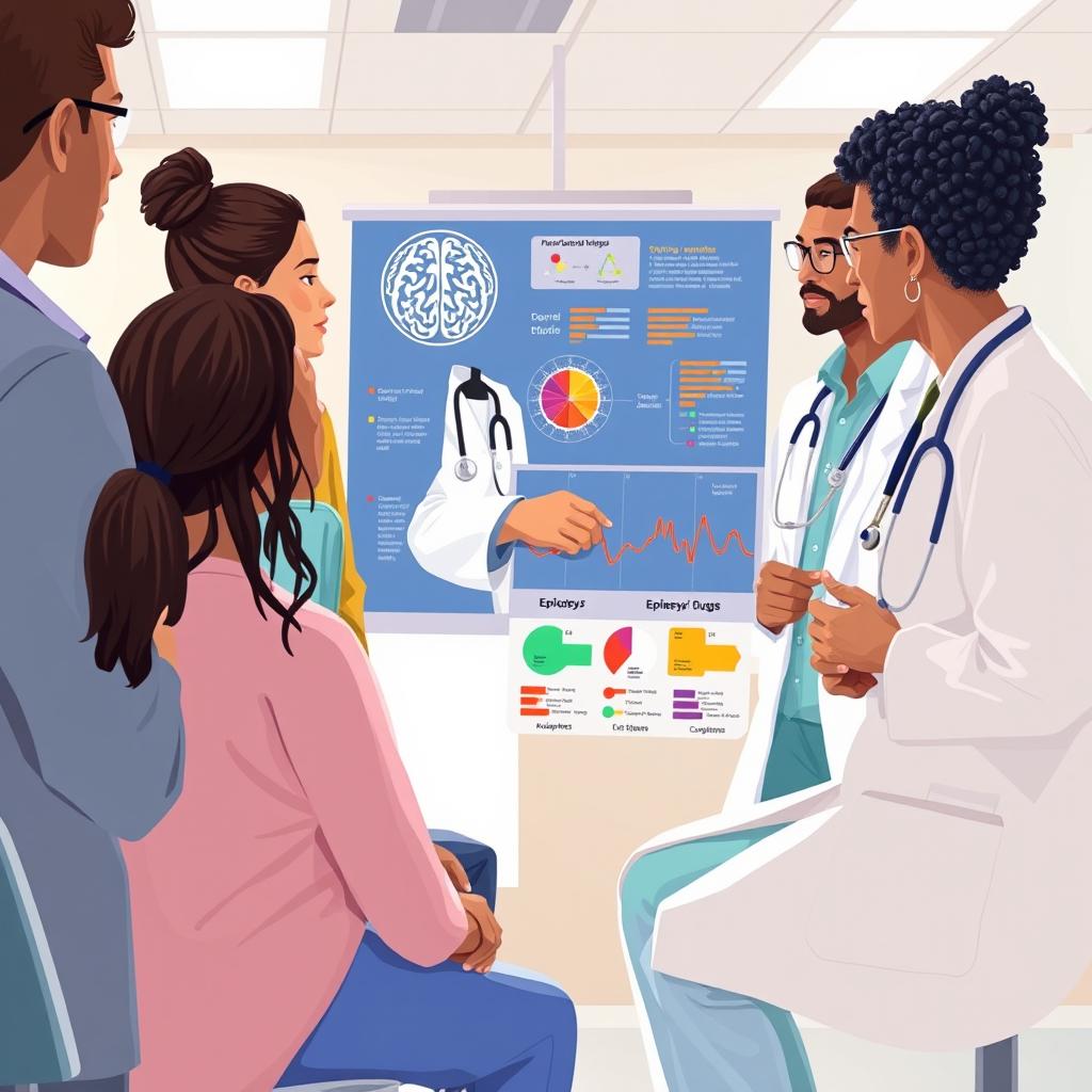 A conceptual illustration depicting a diverse group of medical professionals discussing epilepsy treatment, featuring a male neurologist pointing to a chart that illustrates brain activity during a seizure