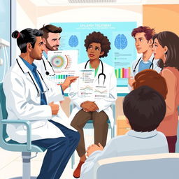 A conceptual illustration depicting a diverse group of medical professionals discussing epilepsy treatment, featuring a male neurologist pointing to a chart that illustrates brain activity during a seizure