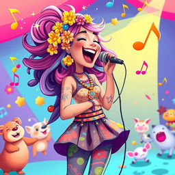 A joyful singing woman illustrated in the playful, vibrant style of the game IncredyBox