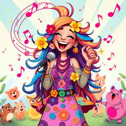 A joyful singing woman illustrated in the playful, vibrant style of the game IncredyBox