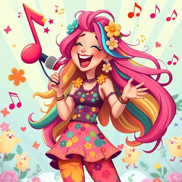 A joyful singing woman illustrated in the playful, vibrant style of the game IncredyBox