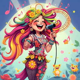 A joyful singing woman illustrated in the playful, vibrant style of the game IncredyBox