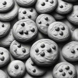 A high-definition pencil drawing of realistic cookies, portrayed in black and white