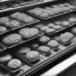 A high-definition pencil drawing of cookies on display in a shop, depicted in black and white