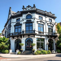A stunning exterior view of a beautiful building, designed with complementary colors of black and white