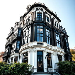 A stunning exterior view of a beautiful building, designed with complementary colors of black and white