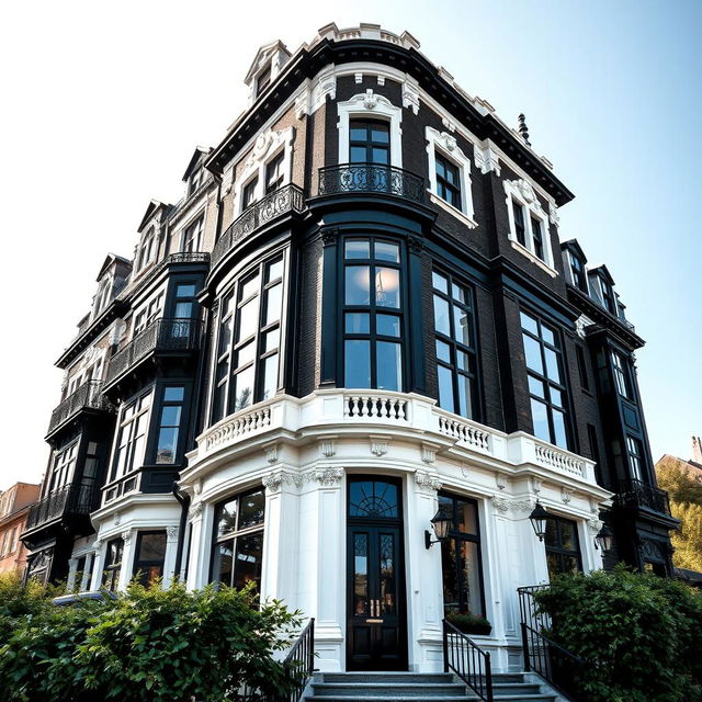 A stunning exterior view of a beautiful building, designed with complementary colors of black and white