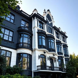 A stunning exterior view of a beautiful building, designed with complementary colors of black and white