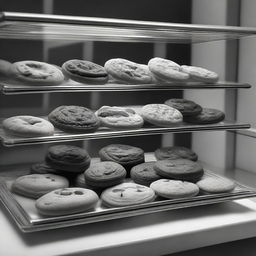 A high-definition pencil drawing of cookies on display in a shop, depicted in black and white