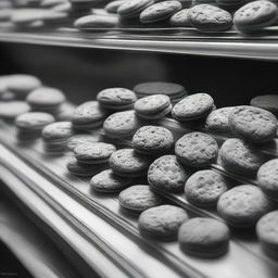 A high-definition pencil drawing of cookies on display in a shop, depicted in black and white