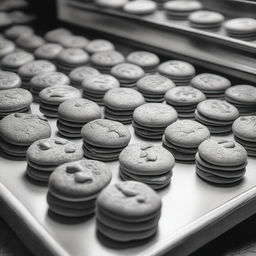 A high-definition pencil drawing of cookies on display in a shop, depicted in black and white