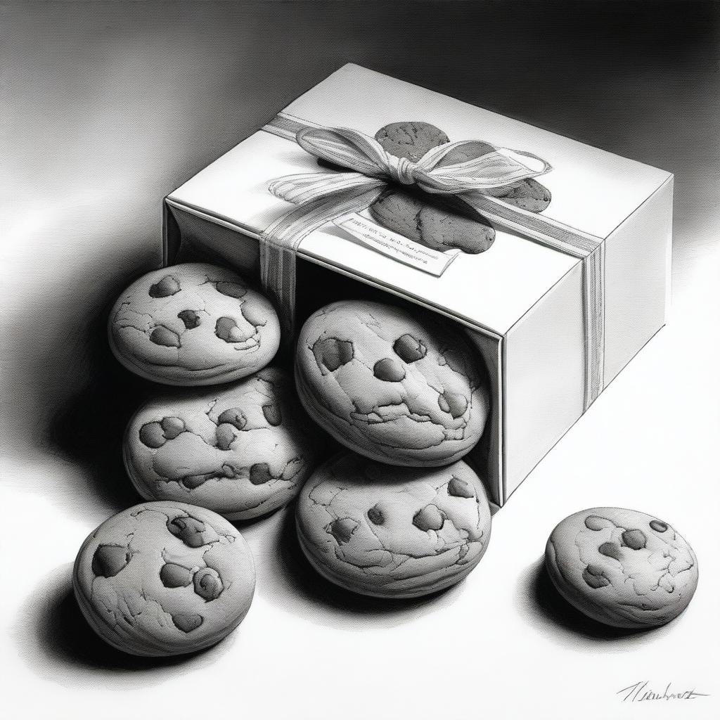 A high-definition pencil drawing of cookies in a gift box, presented in black and white