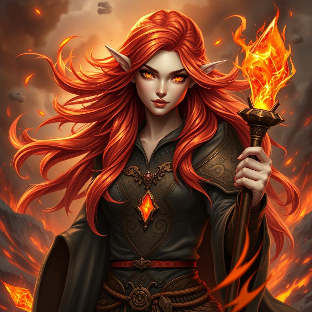 A stunning female half-elf fire sorcerer, exuding confidence and power