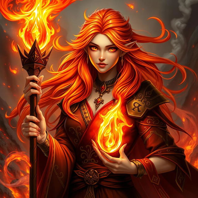 A stunning female half-elf fire sorcerer, exuding confidence and power