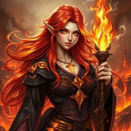 A stunning female half-elf fire sorcerer, exuding confidence and power