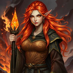 A stunning female half-elf fire sorcerer, exuding confidence and power