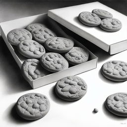 A high-definition pencil drawing of cookies in a gift box, presented in black and white