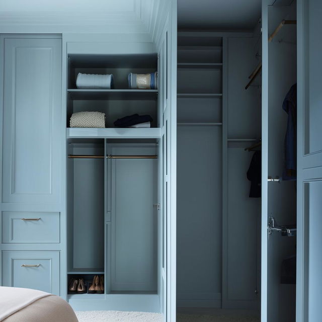 Recreate the wardrobe into a sea-blue color, complete with an L-shaped loft that signifies a perfect blend of style and utility.